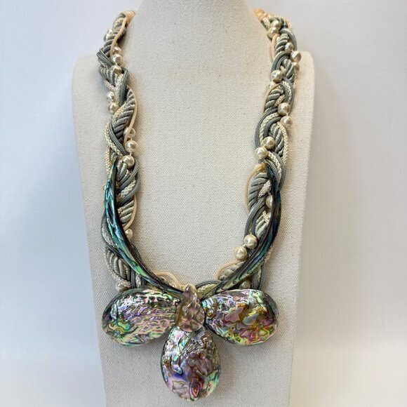 Abalone & Pearl‎ Corded Statement Necklace Natural Coastal Handmade Art to Wear - Picture 1 of 16